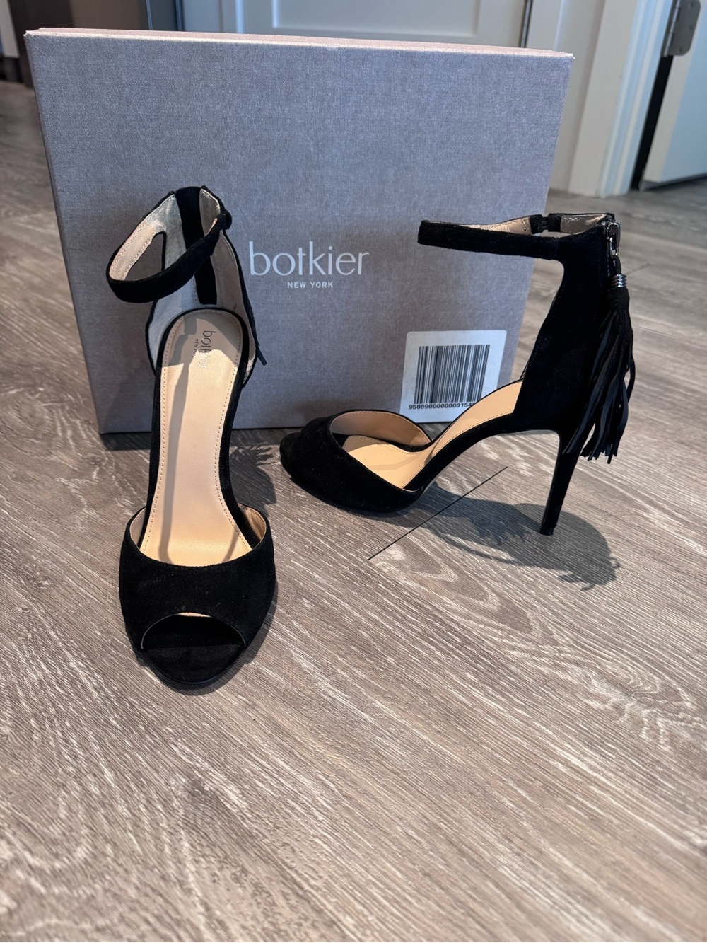 Botkier Black Suede Open-Toe Tassel Ankle-Strap Heels